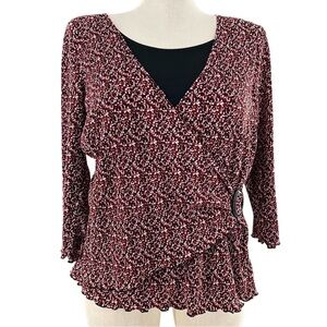 Notations womens top size XL red black floral faux wrap